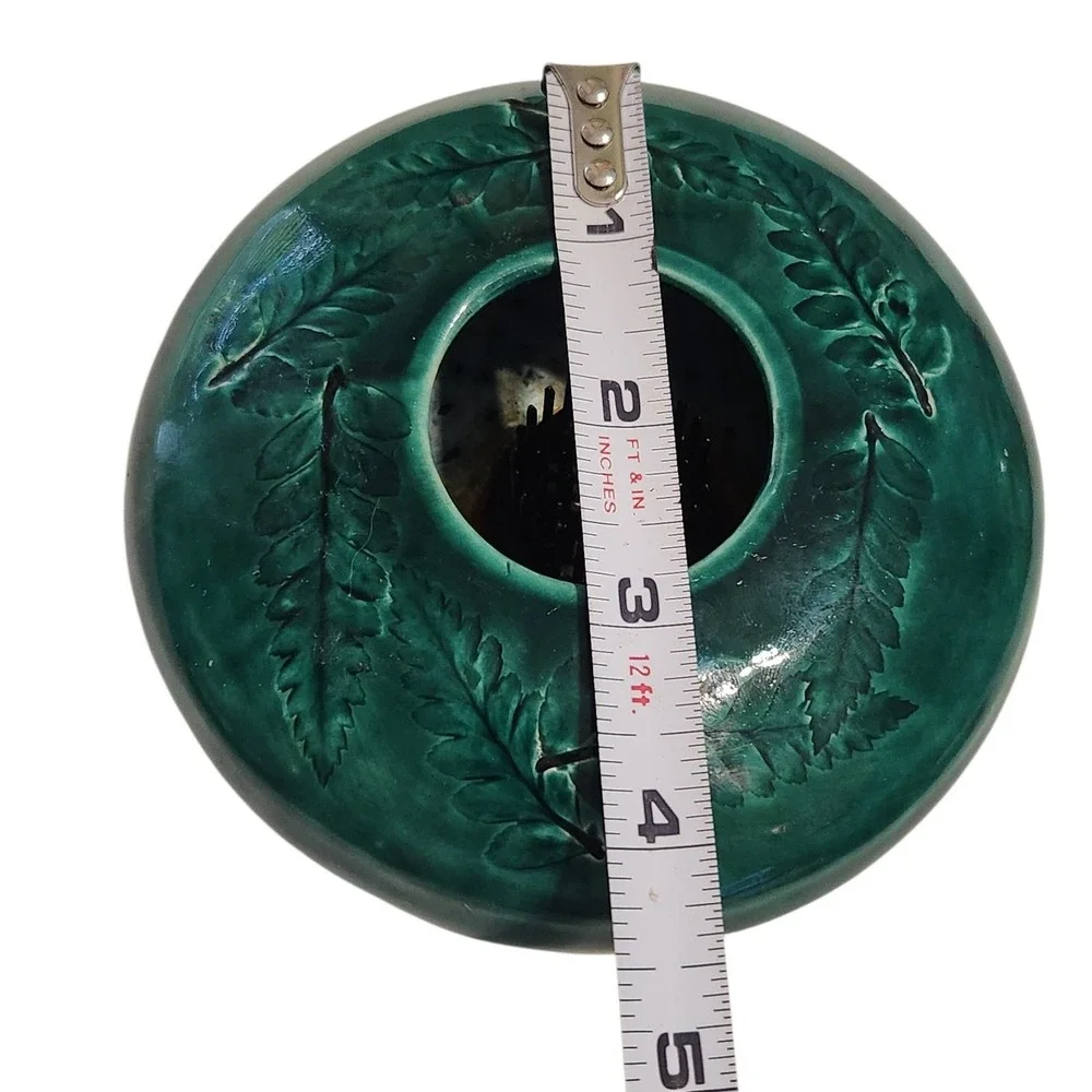 Vintage Green Ceramic Fern Leaf Flower Frog Ikebana Vase Round Low Profile 5in‎